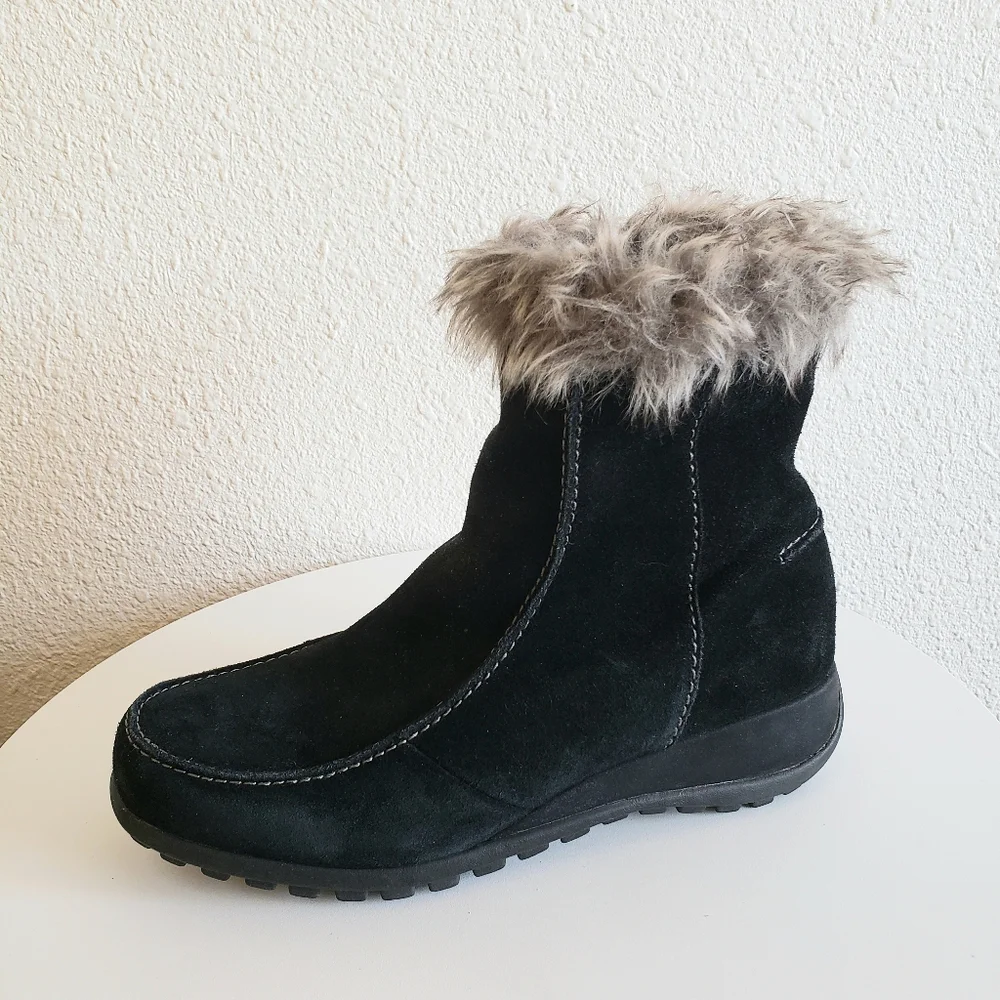 #Sporto Women Black Real Suede Upper Faux Fur Trim Ankle Zip Boots